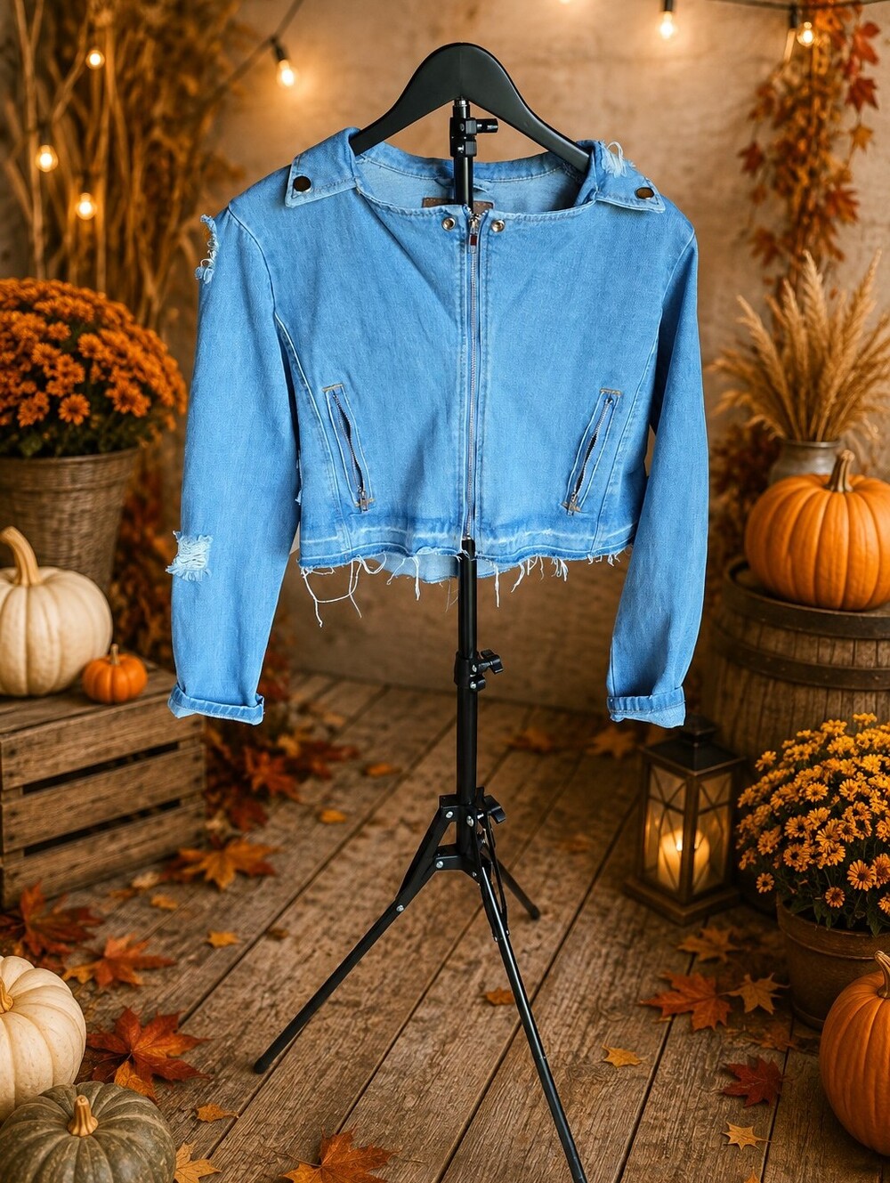 BBJ Los Angeles Light Wash Raw Hem Cropped Denim Jean Moto Jacket L